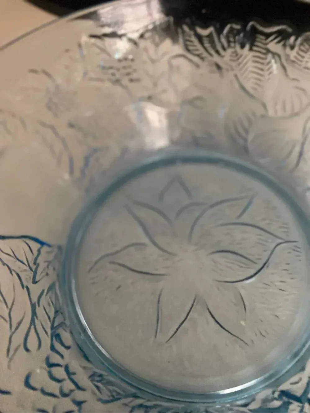 Blue Pressed Glass Serving Bowl Embossed Floral Pattern Decorative Dish vintage